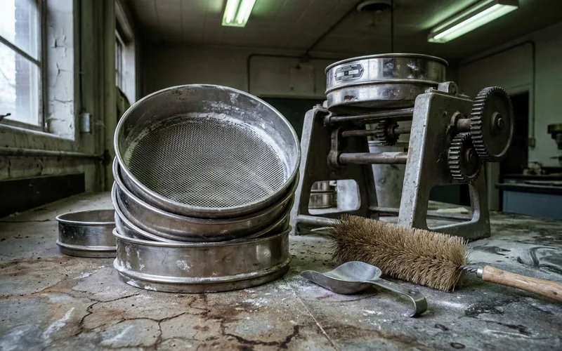 مجموعه الک‌های آزمایشگاهی استاندارد برای تعیین مش کربنات کلسیم در کنار دستگاه شیکر
