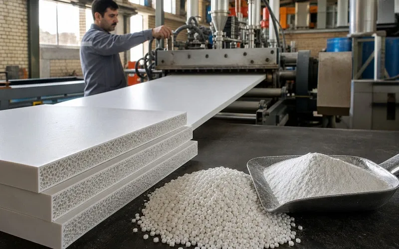 ورق‌های فومیزه PVC در خط تولید ایرانی کنار گرانول سفید و پودر کربنات کلسیم