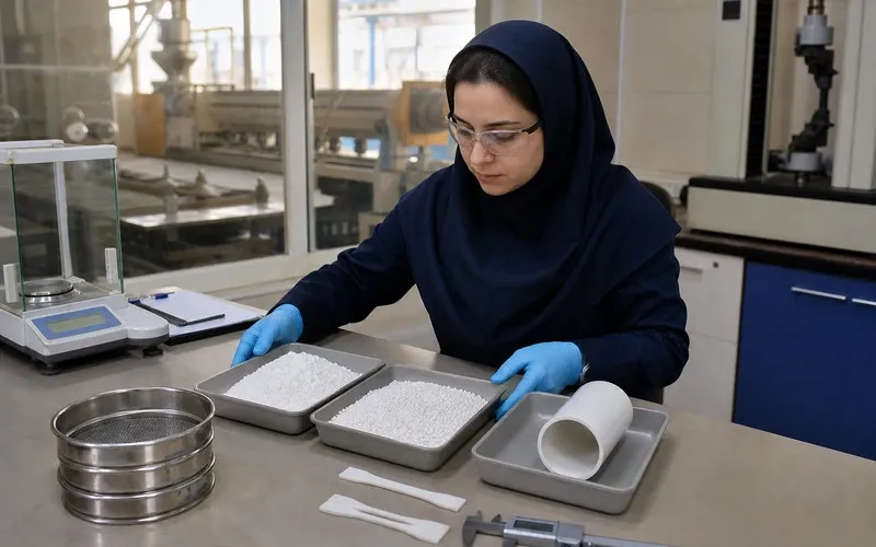 کارشناس ایرانی در آزمایشگاه پلیمر کنار نمونه کربنات کلسیم، گرانول سفید و مقطع لوله PVC
