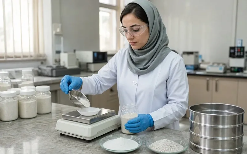 کارشناس آزمایشگاه با دستکش و عینک ایمنی در حال توزین نمونه کربنات کلسیم کنار الک‌ها